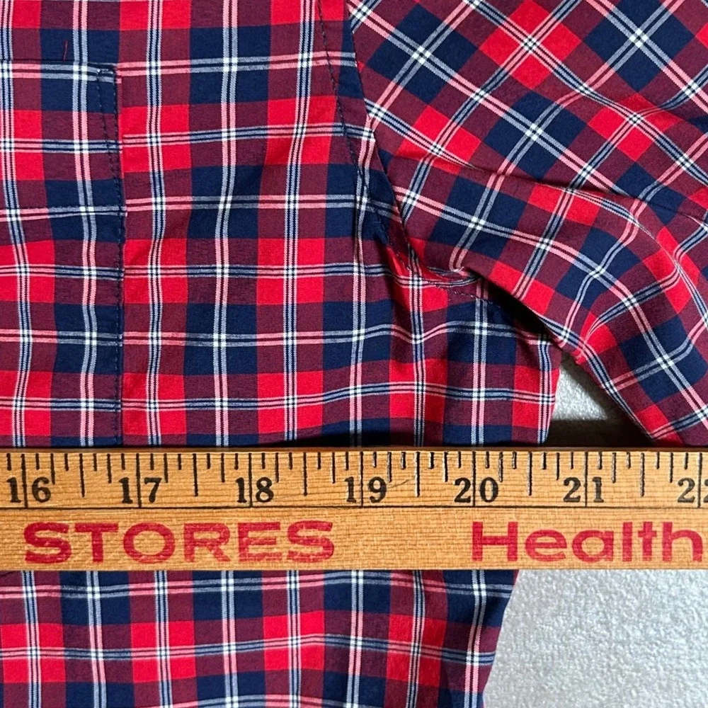 Banana Republic Mens Slim Flex Fit Tech Stretch Cotton Plaid Shirt Red Navy M